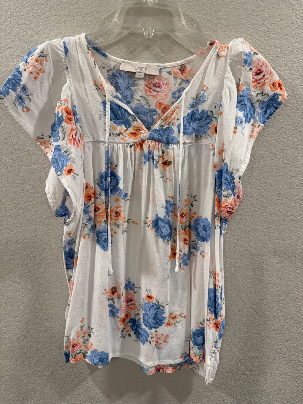 LOFT White Floral Tie-Front Blouse with Blue & Peach Flowers